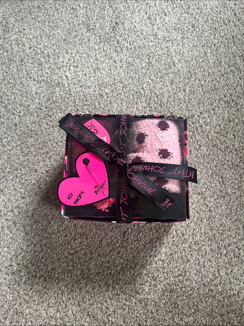 Betsey Johnson Pink and Black Fluffy Socks Set Floral Gift Box